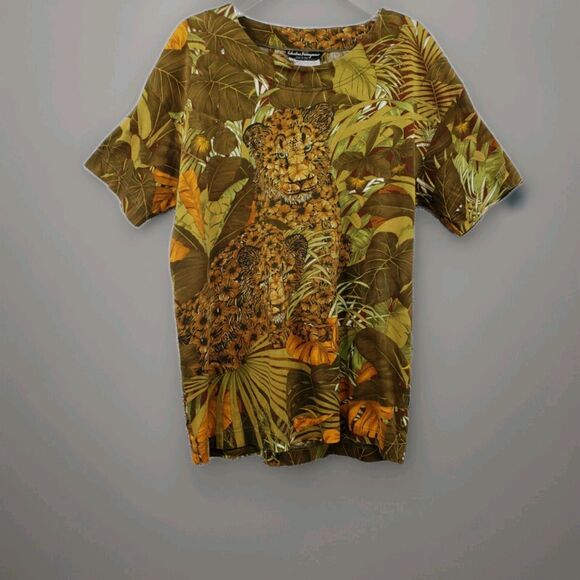 Salvatore Ferragamo Tops - Vtg Salvatore Ferragamo Jaguar Jungle T-Shirt Size XS Green Multi Made In Italy